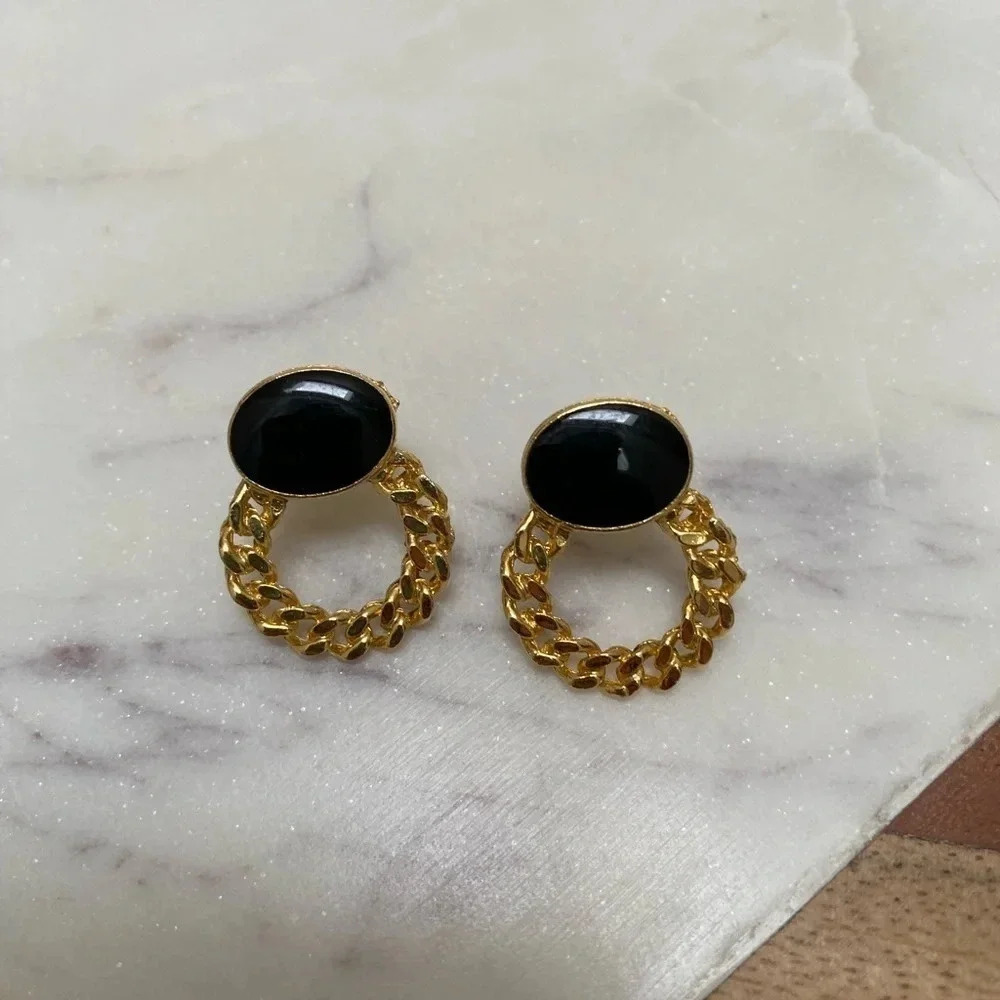 Vintage - Yellow Goldtone 90s Chain Cabochon Earrings